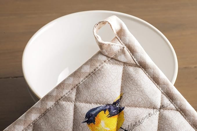 Maison d' Hermine Pot Holders set 100% Cotton Heat Resistant Potholders 8" x 8" Hot Pads with Loop BBQ, Cooking, Baking, Grilling, Kitchen, Handling Hot Pans Spring/Summer (Pack of 2, Birdies On Wire)