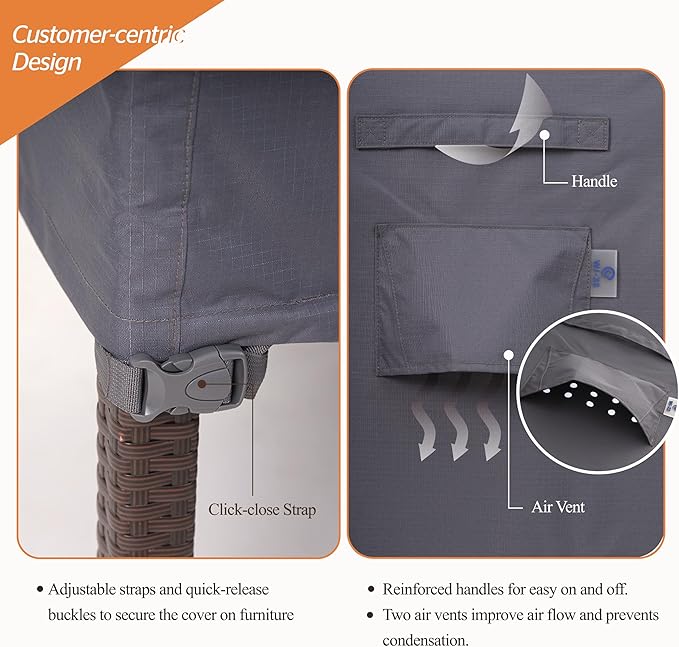 WJ-X3 2-Seater Outdoor Loveseat Covers, Heavy Duty Patio Couch Covers, Patio Sofa Covers Waterproof, High Wind Resistant Design for Outdoor Furniture Cover, 58W x 40D x 35H, Grey