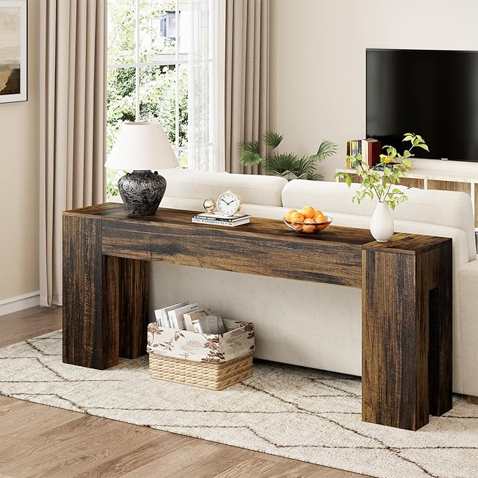 Extra Long Sofa Console Table for Entryway Living Room, 79-Inch Farmhouse Wood Behind Couch Table, Rectangular Accent Console with Wooden Double Base for Hallway Foyer Entrance, Rustic Brown