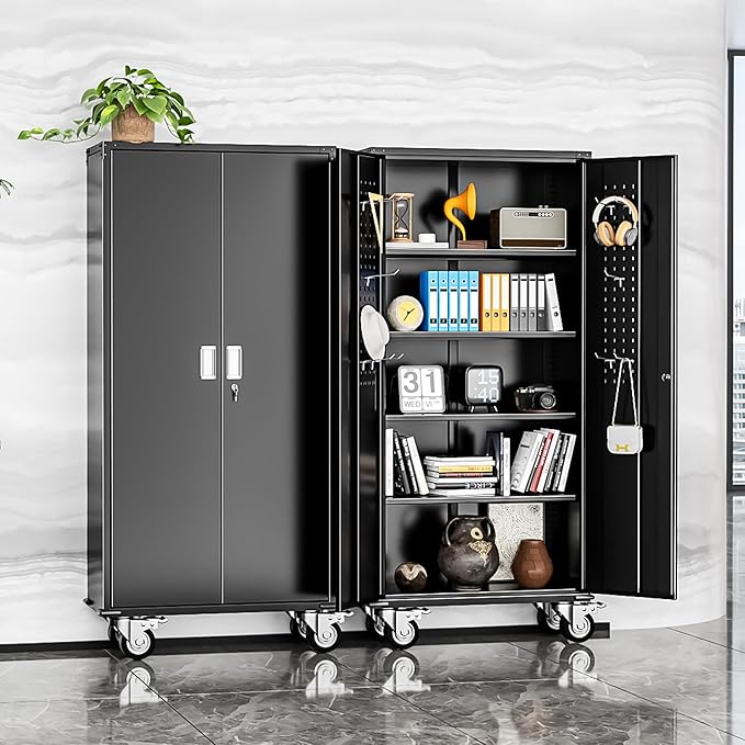 INTERGREAT Metal Storage Cabinet with Wheels, 72" Lockable Mobile Cabinets with Adjustable Shelves, Large Capacity Rolling Tall Cabinet with Casters for Home Office, Kitchen, Garage, School(Black)