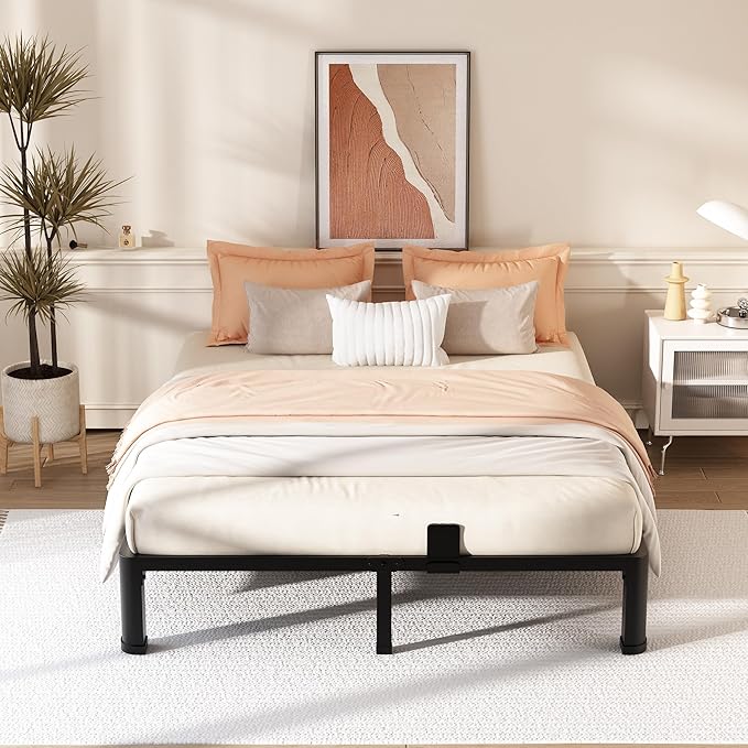 FUIOBYVV 10 Inch Full Bed Frame with Rounded Corner and Headboard Hole Mattress Retainers 3500 LBS Metal Heavy Duty Steel Slats Support No Box Spring Needed Platform Noise Free Easy Assembly