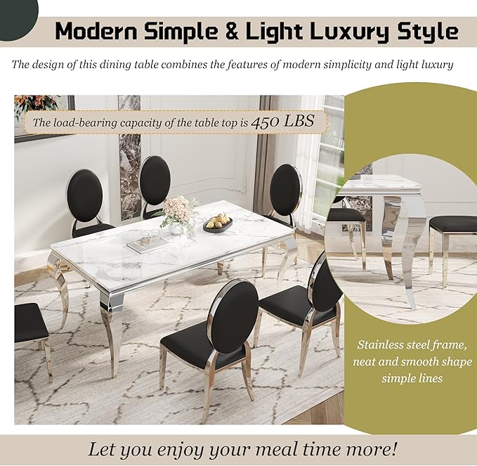 7-Piece Dining Table Set for 6, Faux Marble Modern Dining Table Set with 6 Round Backrest Upholstered Chairs, 70“ Stainless Steel Legs Table & Chair Set for Kitchen, Black & Silver