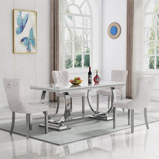 Goujxcy 5 Piece Marble Dining Table Set for 4, Luxury 70" White Marble Silver Kitchen Table with 4 Beige Velvet Upholstered Chairs, Modern 4 Person Dining Room Table Set for Kicken Dining Office Room