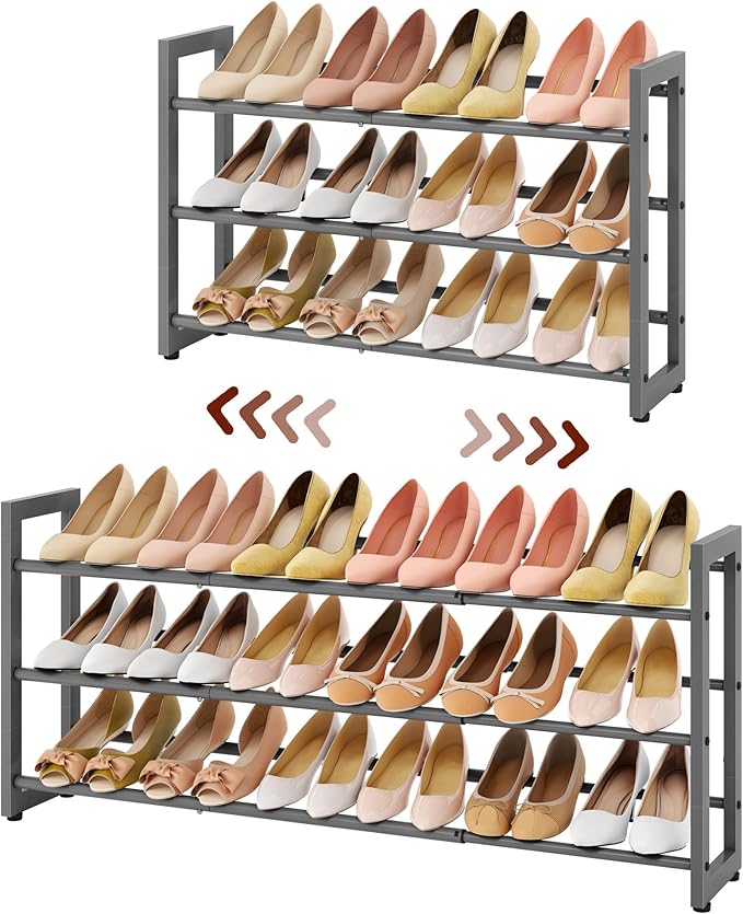 FAVOOSTY 3-Tier Expandable Shoe Rack, Adjustable Shoe Shelf Storage Organizer Space Saving Metal Free Standing Shoe Rack for Entryway Closet Doorway, Silver Grey