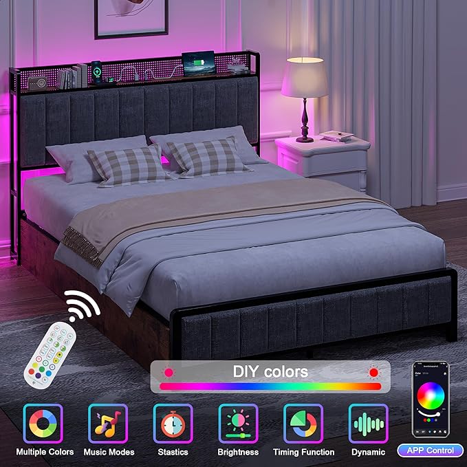 VECELO Queen Size Upholstered Metal Bed Frame with Storage Drawers, LED Headboard, USB & Type-C Ports, Linen Fabric Platform Bed with 9 Legs Support, Noise-Free Design, No Box Spring Needed, Grey