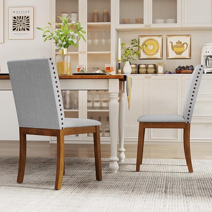Giantex Upholstered Dining Chairs Set of 4, Kitchen Chair w/Nailhead Trim, Rubber Wood Legs, Padded Seat, Mid Century Armless Side Chair, Comfy Accent Parson Chairs for Restaurant, Living Room