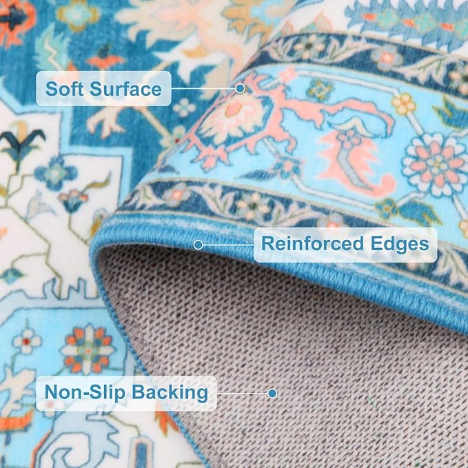 WILLSUN Washable Area Rugs, 8x10 Non-Slip Boho Large Area Rugs for Living Room, Bedroom, Machine Washable Vintage Rug, Indoor Floral Print Carpet for Home Decor, Kid & Pet Friendly Mat