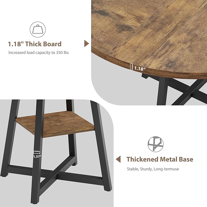 GAOMON Round Dining Table for 4-6 People, 47 Inch Brwon Dinner Room Pedestal Table with Storage Shelf, Industrial Circle Kitchen Table for Kitchen, Dining Room, Space Saving