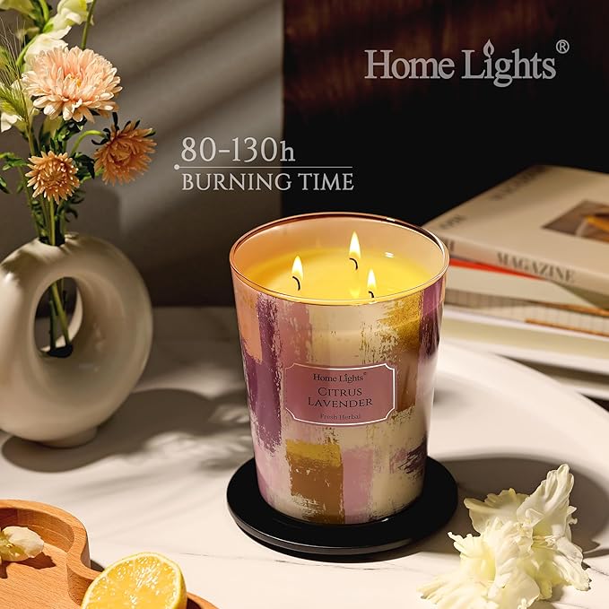 HomeLights Citrus Lavender Scented Candles | 34oz Soy Candles Scandinavian Minimalist Design 3-Wick Large Candle Jars | Ideal Candle Gifts for Events, Home Decor Stress, Relief & Relaxation