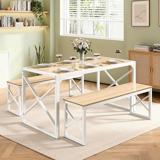 VECELO Kitchen Dining Table Benches Set for 4, 55" Wooden Dinette with 2 Benches, Heavy-Duty Dining Room Table for Small Space, Breakfast Nook, Natural Oak