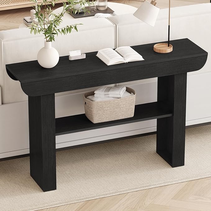 55-Inch Black Entryway Table, Modern Console Tables 3-Tier Couch Table Behind Sofa Narrow Wood Sofa Table Foyer Tables for Entryway, Living Room, Hallway