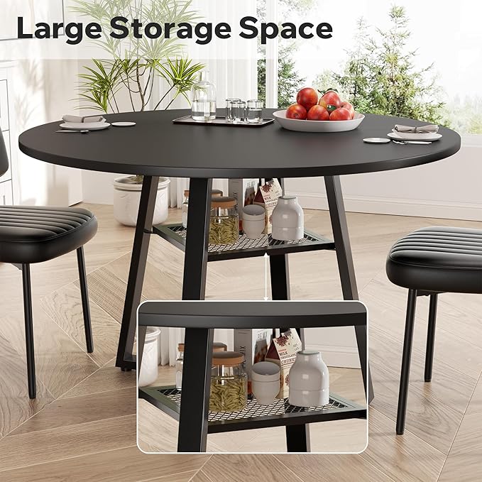 Round Dining Table for 4-6 People,47 Inch Dining Room Table,Modern Circle Kitchen Table with Storage Shelf and Metal Legs for Dining Room,Kitchen,Black (Table Only)