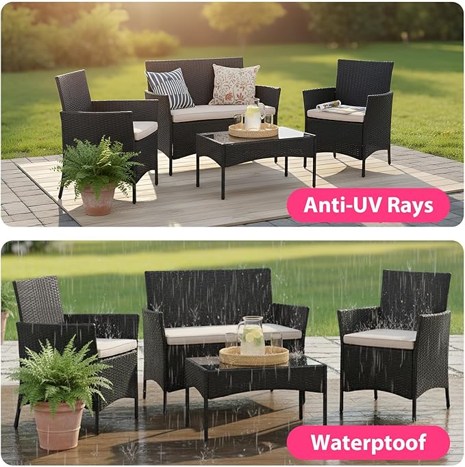 FDW Rattan Furniture Wicker Chair Patio Bristo Set for Outdoor Indoor Use with Loveseats Coffee Table,Khaki Cushion, 4-Pieces