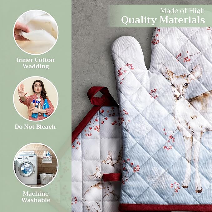 Maison d' Hermine 100% Cotton Oven Mitt & Pot Holder Set (7.5"x13" & 8"x8") Heat Resistant BBQ Cooking Gloves with Loop for Thanksgiving Christmas Decorations Handling Hot Pans (Fairy Tale Forest)