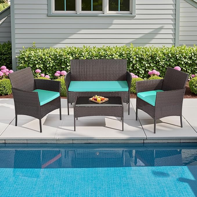 FDW Patio Furniture Set PE Rattan Patio Set Wicker Outdoor Furniture Bistro Set for Outdoor Indoor Use with Loveseats Coffee Table, Blue Cushions, 4 Pieces