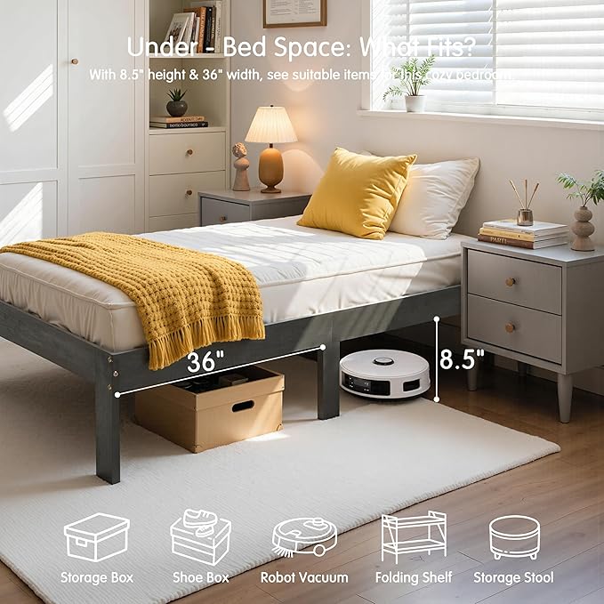 Hokway Wood Full Size Bed Frame- No Wobble,Noise-Free,Easy Assembly with Precise Holes,12 in Wood Slat Support,No Box Spring Needed,Dark Gray