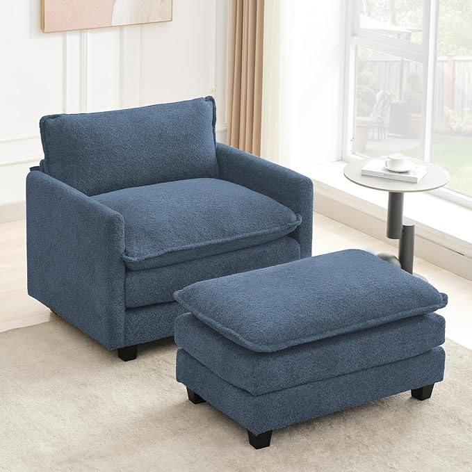 ROWHY Convertible Sectional Couch with Ottoman, Single Armchair with armrests, Modern Living Room Furniture Set, Small Couches for Small Spaces, for Living Room, Chenille, Royal Blue