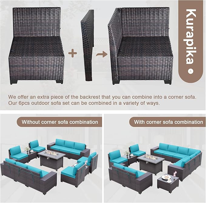 Kurapika 13 Pieces Patio Furniture Set, Rattan Wicker Outdoor Conversation Sets w/43in Propane Fire Pit Table(Blue)