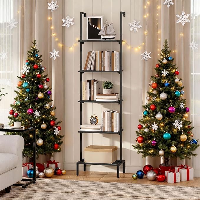 Ladder Shelf, 5-Tier Bookshelf, Ladder Bookcase with Wall Mount, Heavy Duty Industrial Style Storage Rack for Living Room, Office, Kitchen, Bedroom, Black LSBK5501