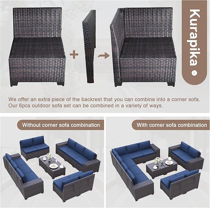 Kurapika 12 Pieces Patio Furniture Set, Rattan Wicker Outdoor Conversation Sets w/4 Inch Cushion and Glass Coffee Table(Navy Blue)