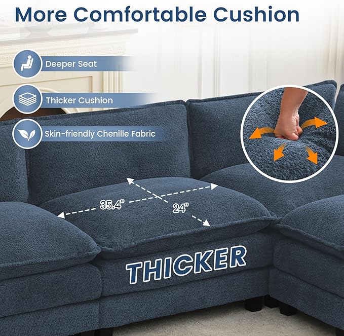 ROWHY Oversized Modular Sectional Couch with Movable Ottoman, 112" Modern Convertible L Shaped Sofa Set, 4 Seat Comfy Cloud Couch with 2 Throw Pillows, for Living Room, Chenille, Royal Blue