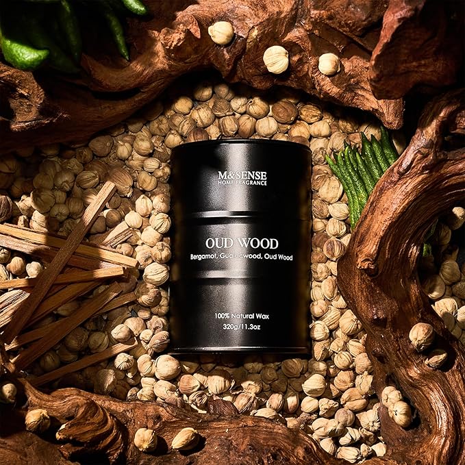 M&SENSE Oud Wood Scented Candles Christmas Decor, Natural Soy Wax Hoilday Candle, 11.3oz 70 Hours Christmas Candles, Winter Candle Gifts for Men Women,Sandwood Scented Candle for Home