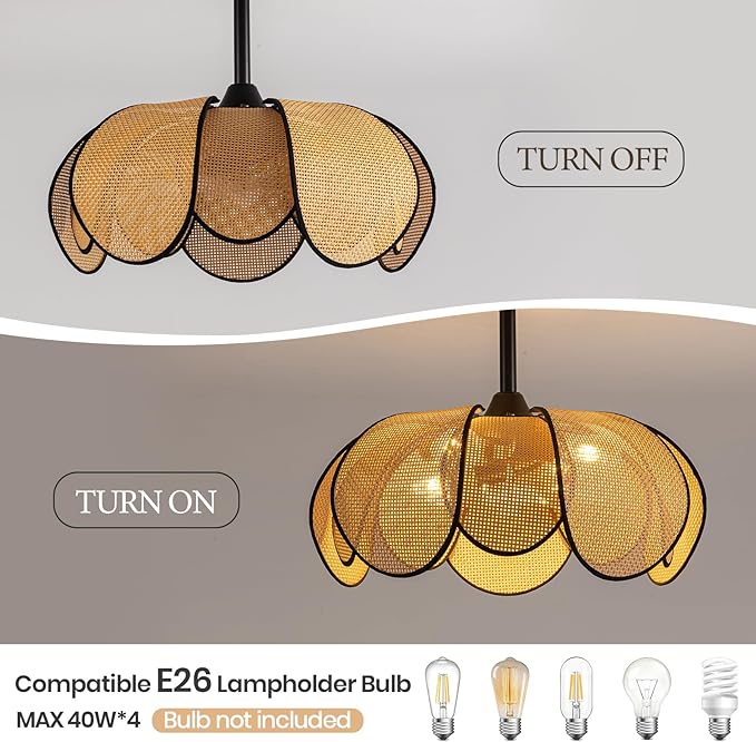 Rattan Fandelier Ceiling Fans with Lights,Boho Black Chandelier Ceiling Fan with Light Remote,Flush Mount Chandelier Ceiling Fan with 6 Speeds Fandelier for Bedroom, Living Room,Kitchen,26inch