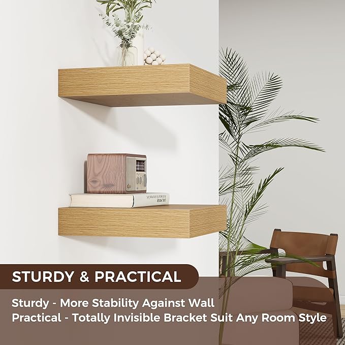 Square Floating Shelves for Wall, 12" W x 12" D x 2" H, 2 Pack of Small Wall Mounted Engineered Wood Shelves with Invisible Brackets for Living Room, Bedroom, Bathroom, Kitchen Decor, Oak