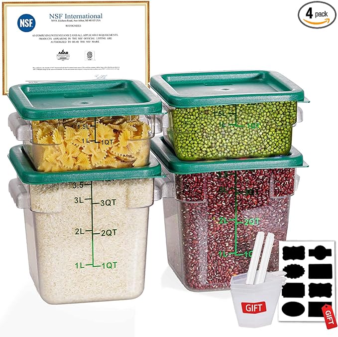 2QT&4QT NSF Food Storage Containers with Lids: 4 PCS [Total Food Grade][Hot&Cold Resistant] Commercial Clear Food Storage Containers for Restaurant Kitchen Proof Dough, Green