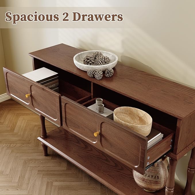 ARTPOWER Mid-Century Console Table for Entryway with 2 Drawers, Brown Retro Entryway Table with Storage Cabinets and Open Shelf, Narrow Long Couch Table Behind Sofa for Living Room, Foyer, Hallway