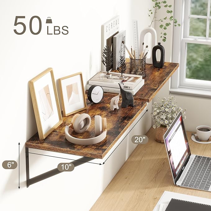 Fun Memories 20 Inch Floating Shelves, Deep Wall Shelves for Kitchen, 20 x 10 Floating Shelf for Living Room, Bedroom, Farmhouse Floating Shelves for Home Decor Storage, Rustic Brown, Set of 2