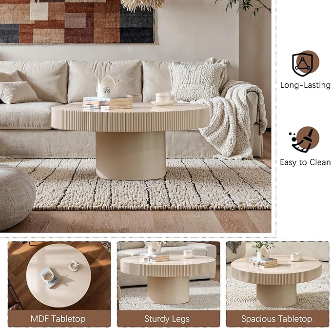 30.71" Round Drum Coffee Tables Modern Handcraft Drum Coffee Table Circle Coffee Table with Sturdy Pedestal, Fluted Wood Coffee Tables Accent End Table for Living Room Apartment,White