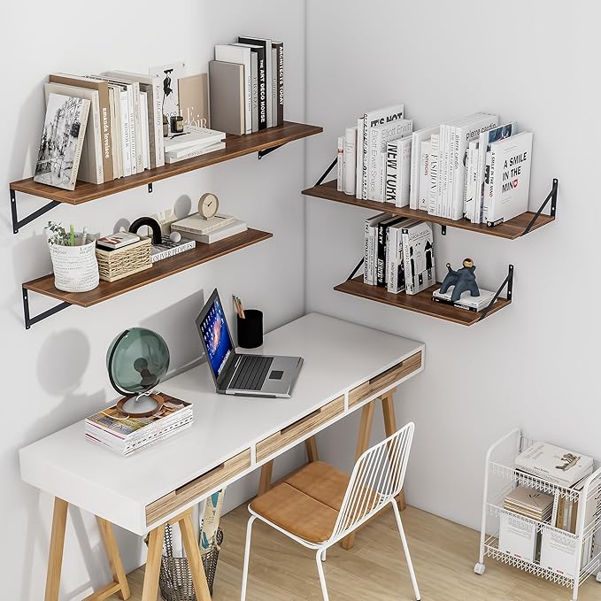 Heimlove 12 Inch Deep Floating Shelves for Wall, 24W x 12D Wood Wall Shelves Set of 2, Walnut Wide Floating Bookshelf for Living Room, Kitchen, Office, Bedroom, with Black Metal Bracke - Walnut