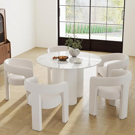 Modern Barrel Dining Chairs Set of 5, Velvet Upholstered Accent Side Chair with Arms Comfy Makeup Vanity Chairs, Dining Living Room Kitchen Chairs, Beige