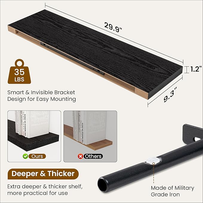 Fun Memories Floating Shelves for Wall, 30 Inch Rustic Wood Wall Mounted Shelves for Bathroom, Bedroom, Kitchen, Living Room, Deep Floating Shelves for Storage & Home Decor (Black, Set of 2)