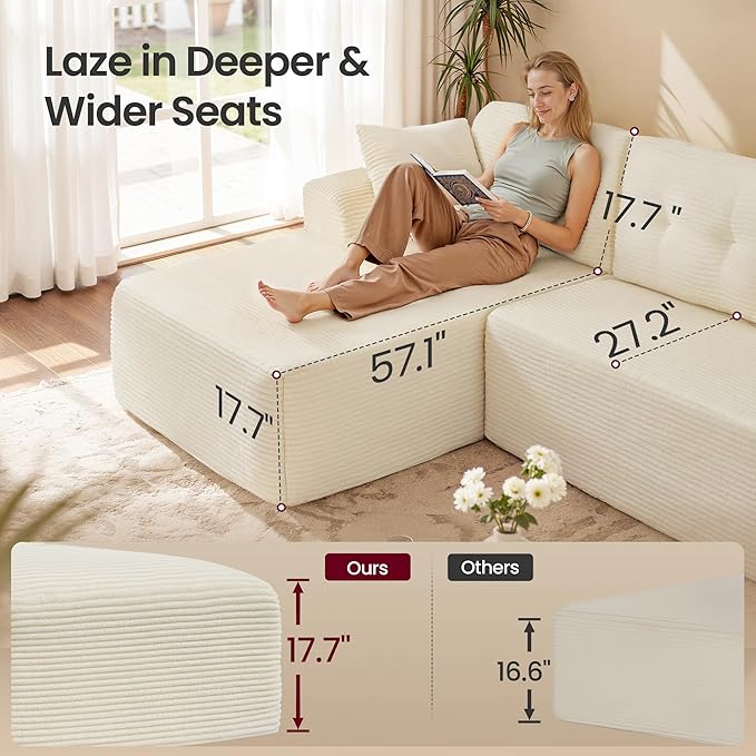VASAGLE 108.3 Inches Boneless Couch with Chaise, Modular Sectional Sofa, Modern Cloud Couch with Deep Seat, L-Shape Corduroy Sofa for Living Room, Left-Facing Chaise, Bedroom, Cream White ULCS181WD01