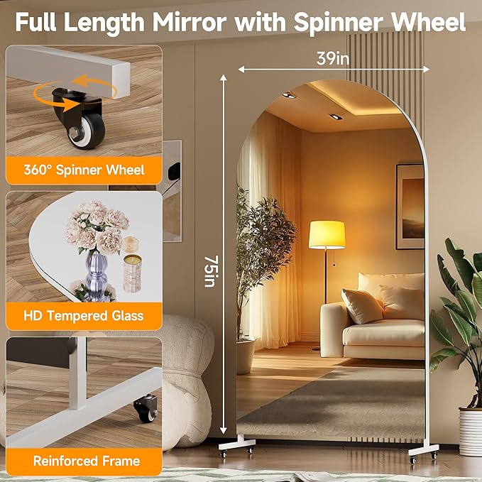 Hasipu 75" x 40" Arched Rolling Home Gym Mirror with Wheels, 360° Swivel Body Mirror with HD Tempered Glass, Large Floor Mirror for Yoga Room, Dance Studio, Bedroom & Home Gym