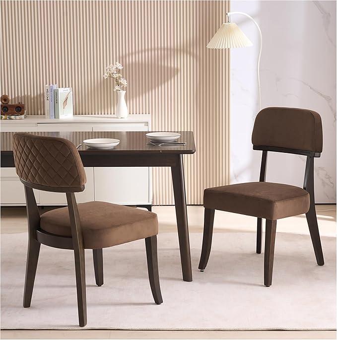 Modern Wood Dining Chairs Set of 2, Velvet Upholstered Kitchen Chairs with Open Curved Backrest & Black Hardwood Legs for Vanity, Living Room, 350 LBS Capacity, Brown