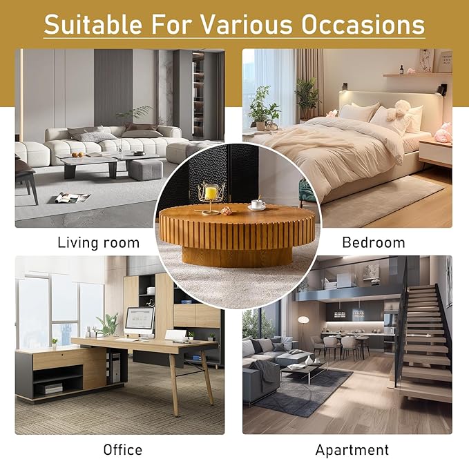 Oval Drum Coffee Table 43.3" Wooden Coffee Tables Handcrafted Fluted Drum Coffee Table Mid Century Modern Luxury Center Table Vintage Farmhouse Center Table for Living Room (Oval Wood)