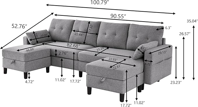 101" Convertible Sectional Sofa, Modern Linen Fabric U-Shaped Couch with 2 Storage Ottomans and Storage Pocket, 4 Seat Sofa Couches for Living Room, Apartment, Office, LightGrey