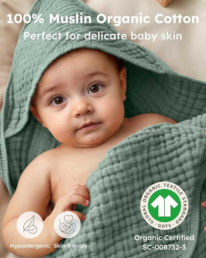 Yoofoss Hooded Baby Towels for Newborn 2 Pack 100% Muslin Organic Cotton Baby Bath Towel with Hood for Babies, Infant, Toddler and Kids, Large 32x32Inch, Soft and Absorbent Newborn Essential