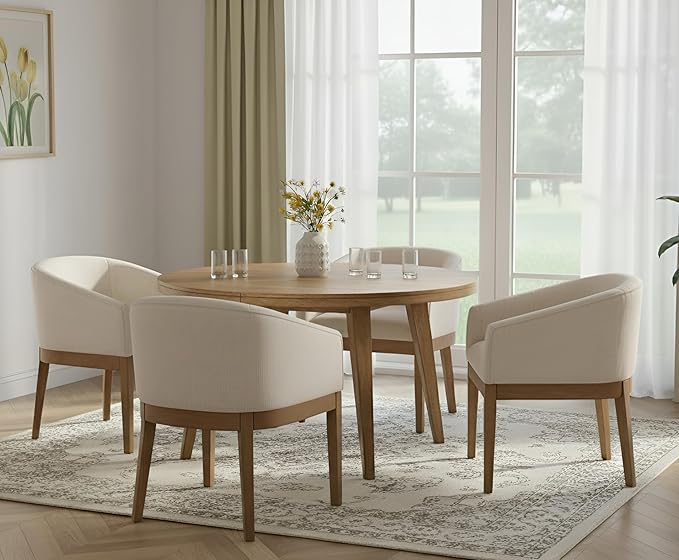 Beige Mid Century Modern Dining Chairs Set of 4, Farmhouse Linen Upholstered Accent Curved Backrest Kitchen Chairs Armchairs with Natural Wood Legs, Beige