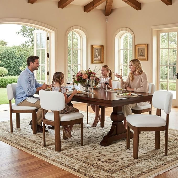 Beige Dining Chairs Set of 4 Mid Century Modern Upholstered Dining Room Chairs with Curved Backrest and Wooden Legs for Kitchen Island, Dining Room