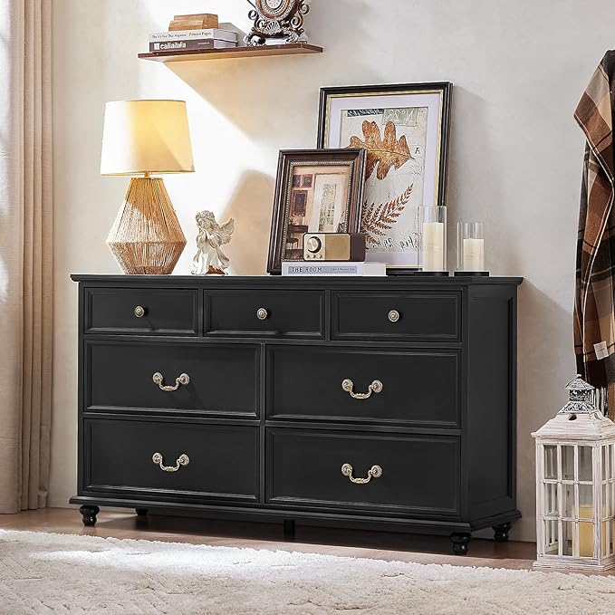 24" Wide Farmhouse Nightstand with Charging Station Set of 2,54" 7 Drawers Dresser, 37" Tall Rustic Chests of Drawers, Farmhouse Furniture Series for Bedroom,Black