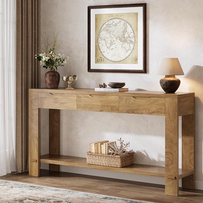 Tribesigns Console Table with 3 Drawers, 67-Inch Long Sofa Table Behind The Couch with Storage Shelf, Narrow Farmhouse Entryway Furniture for Living Room, Hallway, Foyer, Brown