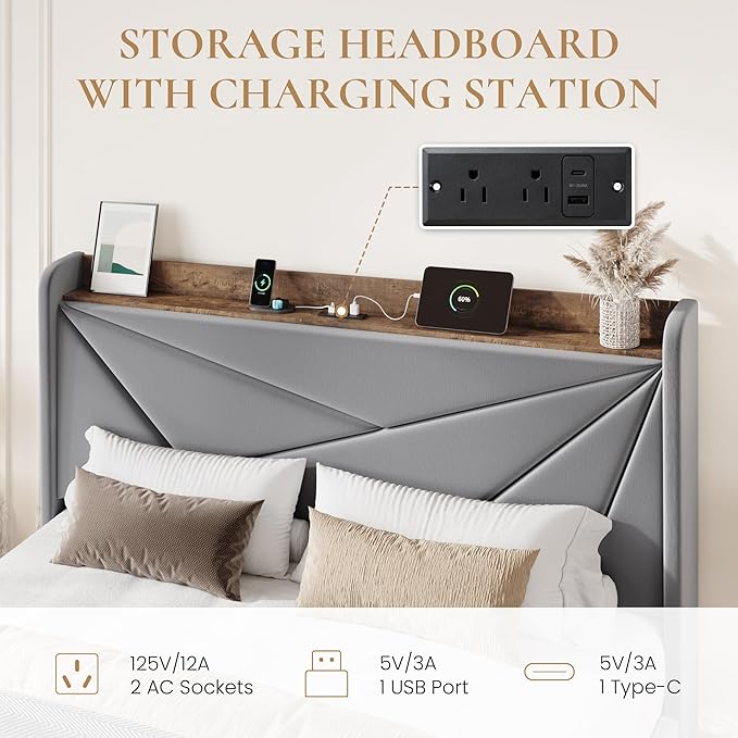 SHA CERLIN Queen Bed Frame with 3 Drawers, USB & Type-C Charging Ports, Velvet Upholstered Platform Bed with Modern Geometric Wingback Storage Headboard, No Box Spring Needed, Easy Assembly, Grey