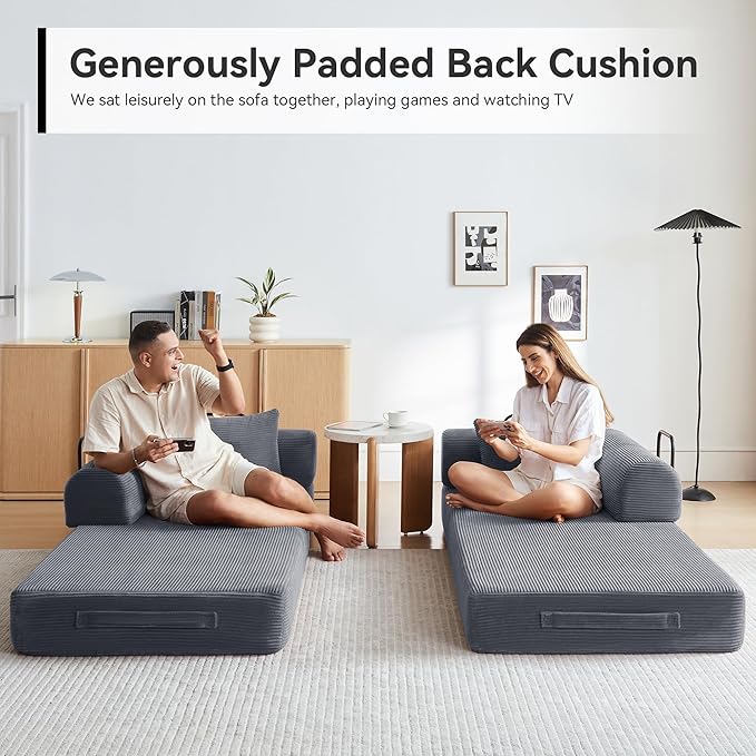 Sofa Bed, Corduroy Sleeper Sofa Bed with Fixed Frame, Floor Sofa Lounge with Pillow, Convertible Folding Mattress Couch for Living Room, Bedroom, Lounge, Studio (Dark Grey)