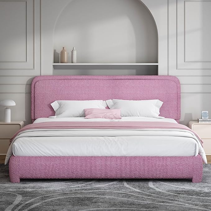 BarnFurin King Size Boucle Bed Frame and Headboard, Cloud Upholstered Platform Bed Frame, Soft Rounded Corners, Modern Style, No Box Spring Required, Easy Assembly, Rose Pink