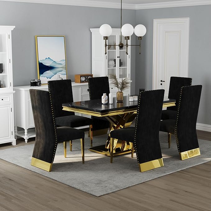 AUZ Black Velvet Dining Chairs Set of 2, Black and Gold Dining Chairs with Nailhead Trim and Polished Gold Legs, Gorgeous Upholstered Kitchen and Dining Room Chairs
