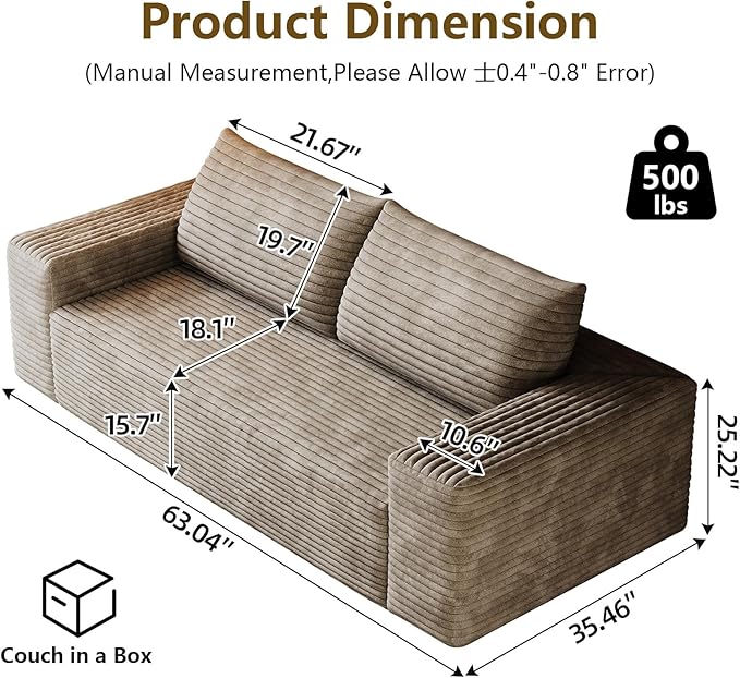 63" Boneless Loveseat Sofa - Cloud Couch with Memory Foam, Comfy Deep Seat - Corduroy Floor Sofa, No Assembly Required - Small Space Friendly for Living Room, Bedroom, Apartment, Camel